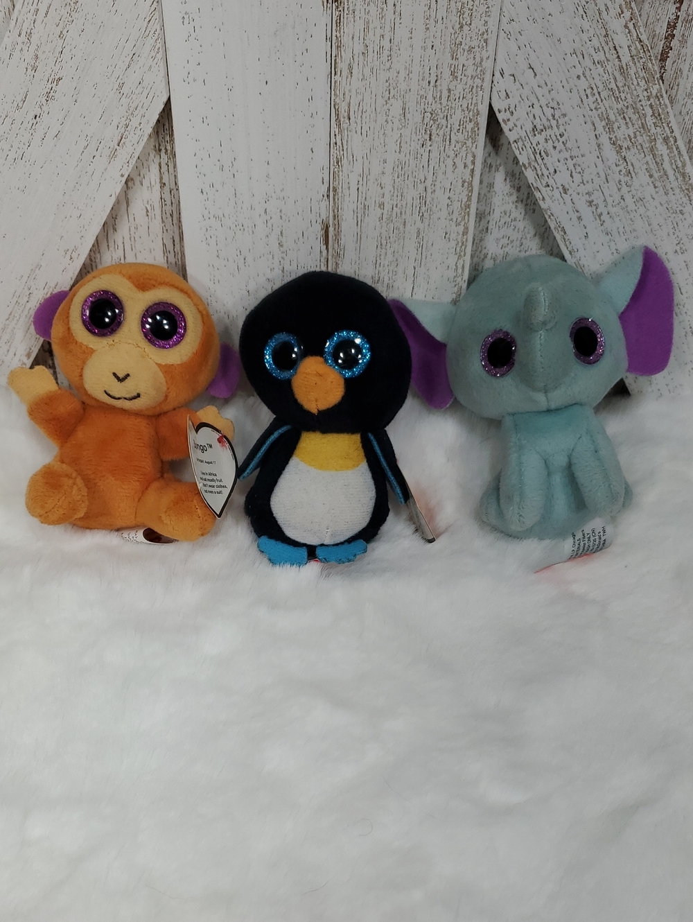 Ty Beanie Boos Plush Penguin, Elephant, Monkey Stuffed Animals
